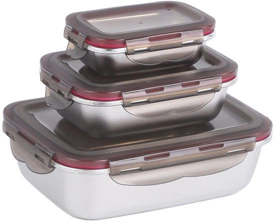 Contenitori alimentari in acciaio inossidabile con coperchio, set da 3, contenitori per preparazione pasti, contenitori alimentari a tenuta di aria, 1500 ml + 600 ml + 220 ml