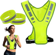 Vestone di sicurezza riflettente per adulti con 2 cinturini e 2 bende per polso - Attrezzatura di riflessione unisex per corsa - Verde fluorescente - Adattabile senza misura - Per bicicletta e passeggiata