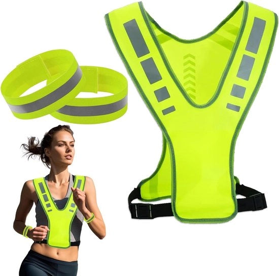 Vestone di sicurezza riflettente per adulti con 2 cinturini e 2 bende per polso - Attrezzatura di riflessione unisex per corsa - Verde fluorescente - Adattabile senza misura - Per bicicletta e passeggiata