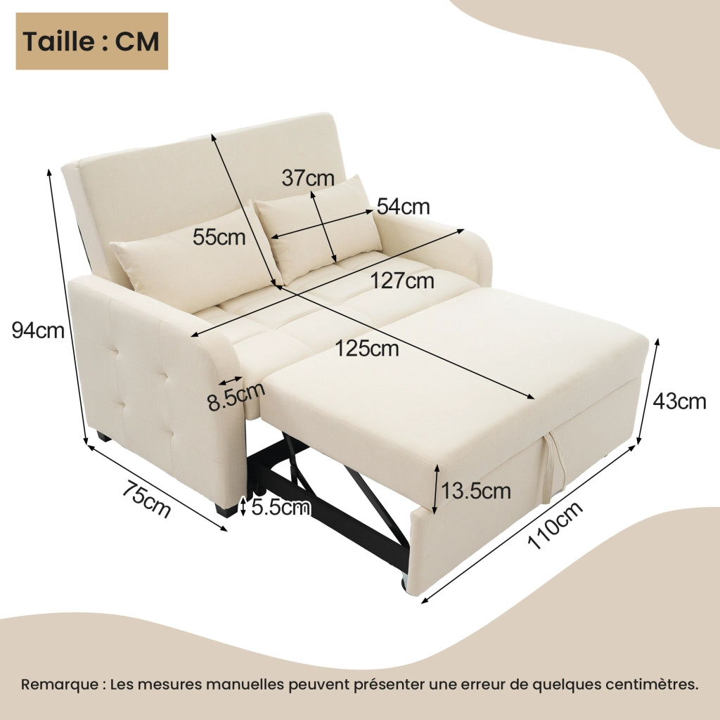 OKWISH Divano Letto 2 Posti, Schienale Regolabile in 3 Posizioni con 2 Cuscini, Meccanismo Scorrevole, Lino Cotone, Beige