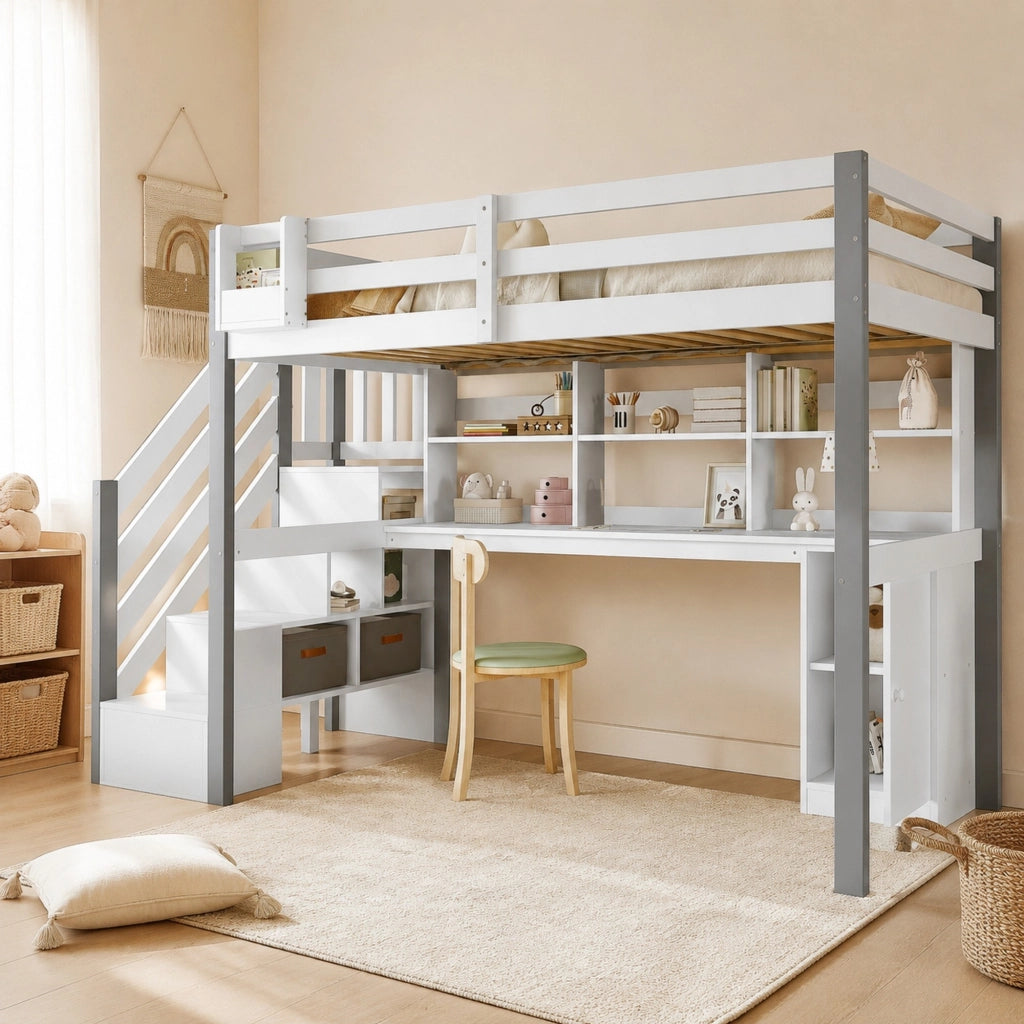 Letto semialto 90x200 cm con scrivania; libreria e scala laterale con contenitore; legno e MDF bianco e grigio