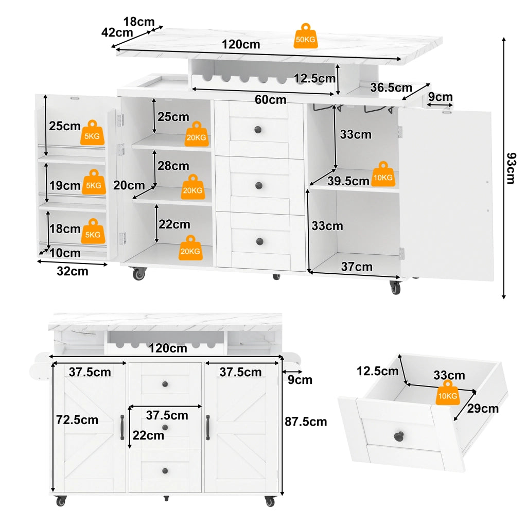Isola da Cucina con 2 Ante; 3 Cassetti; Piano Pieghevole e LED; in MDF; 138x60x93 cm; Bianco