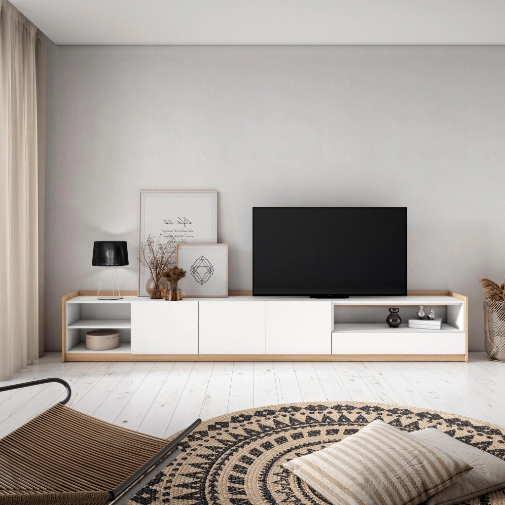 Mobile TV Soggiorno, 310x50x37 cm, Per TV fino a 80", Mobile Soggiorno, Bianco e Rovere soft