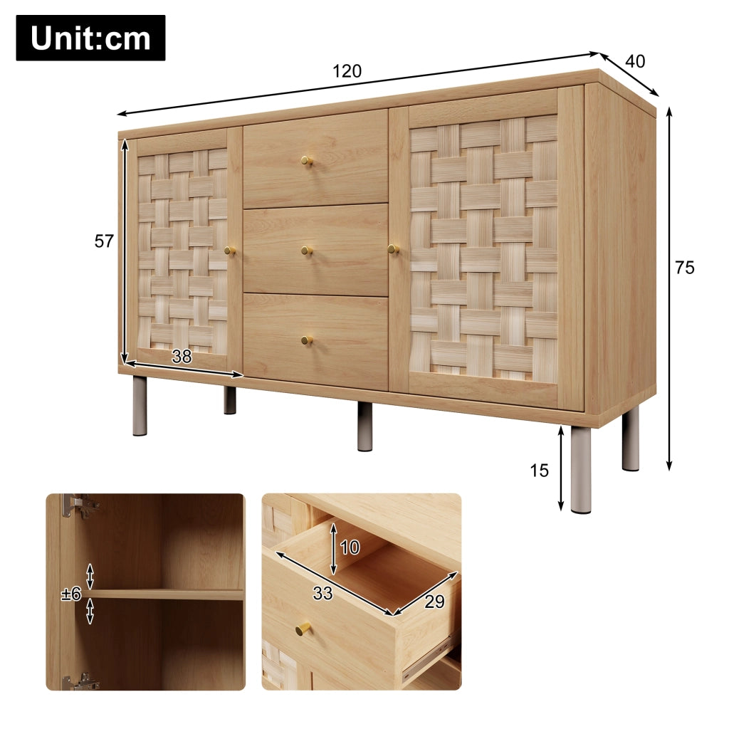 Credenza con 2 ante; 3 cassetti e ripiani regolabili - in legno - 120x40x75 cm - rovere