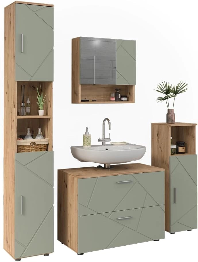 Set di mobili da bagno Irma, Verde salvia, 80 cm, composto da mobile lavabo, pensile a specchio, colonna e base media