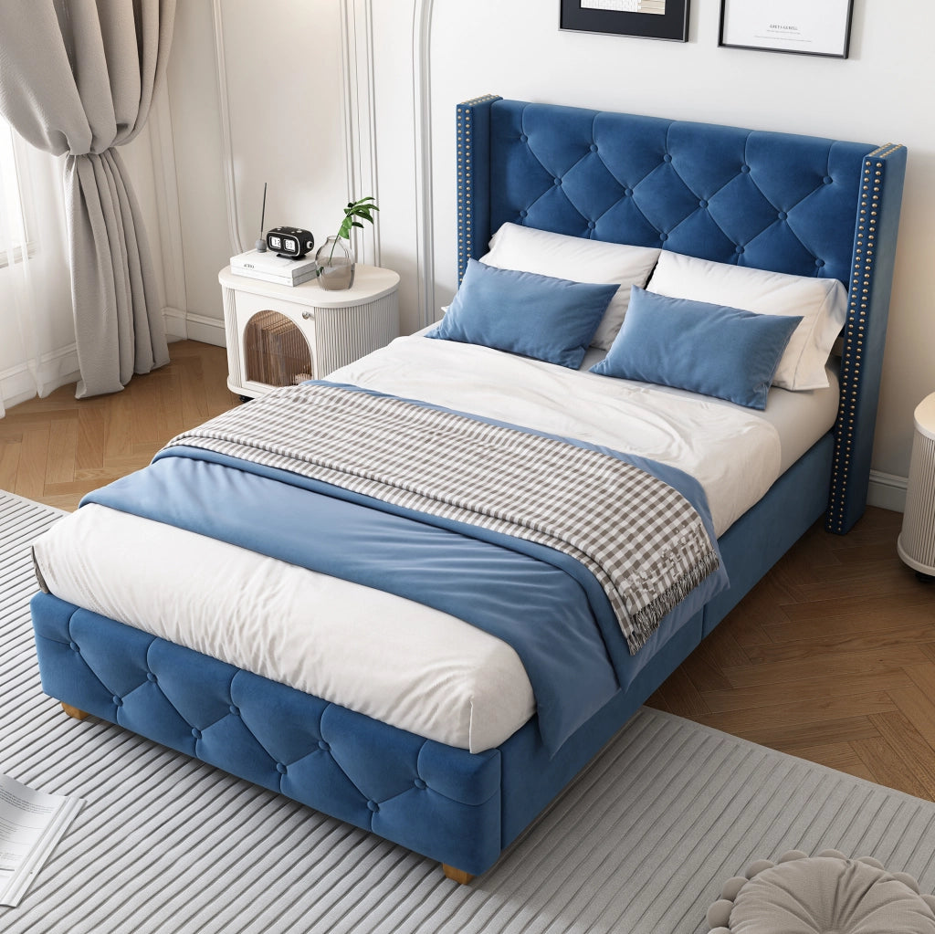 Letto imbottito 90x200 cm con testiera e rete; bottoni e borchie; velluto blu (Senza materasso)