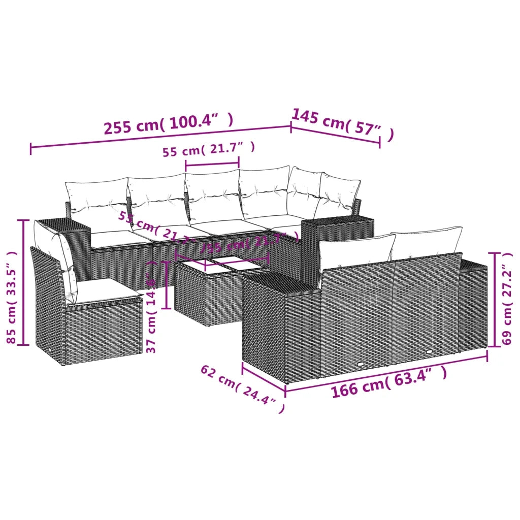 Set Divano da Giardino 9 pz con Cuscini Beige in Polyrattan 3222847