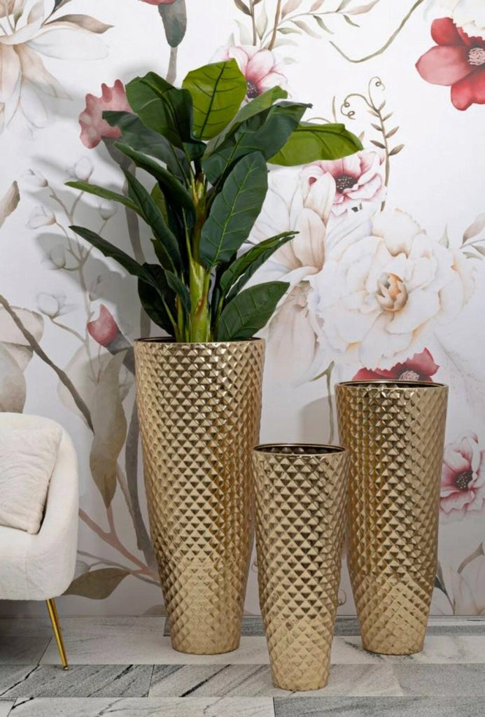 Set di 3 vasi Manara, Complemento d'arredo, Anfora, Accessorio d'arredo, 48x48 h110 cm, Oro