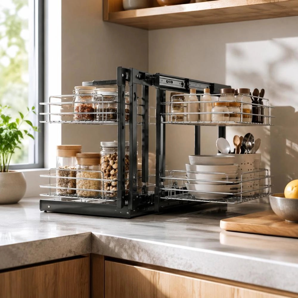 Kitchen Cabinet Organizer With 2 Levels And 4 Shelves, Storage Basket Made Of Chrome-plated Carbon Steel, Storage Organizer, Opens From The Left And Right, Minimum Door Opening Width 38 Cm