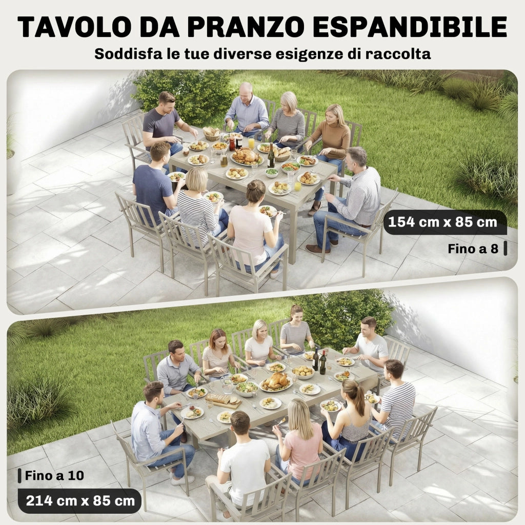 Tavolo da Giardino Allungabile 154-214x85x75 cm per 8-10 Persone in Alluminio e Acciaio Grigio Chiaro