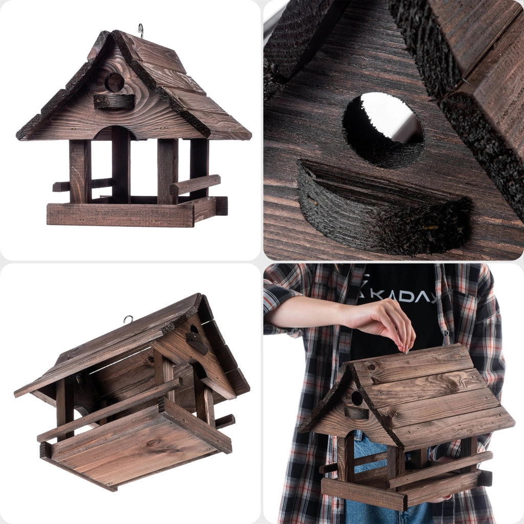 KADAX Grande casetta per mangiatoia per uccelli in legno di alta qualità da appendere, colore marrone, ideale come regalo.