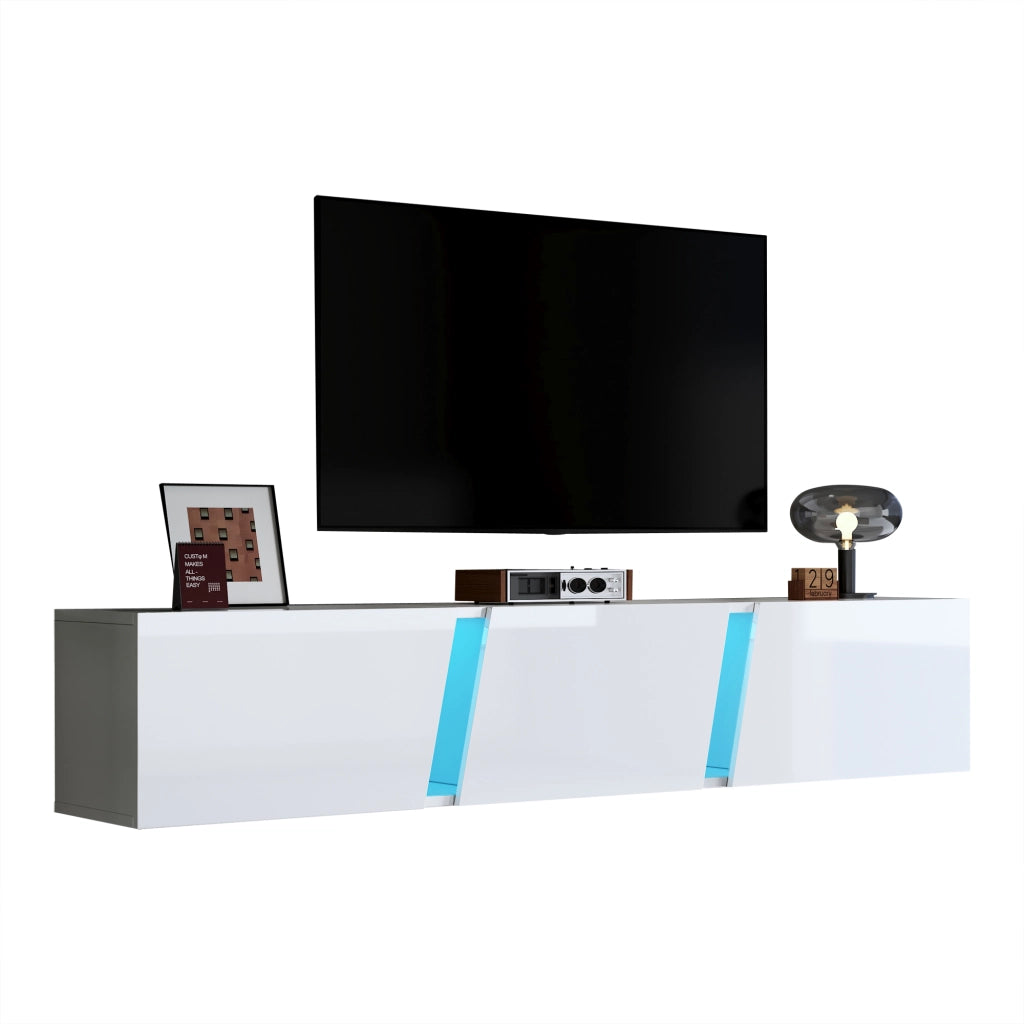 Mobile TV sospeso con 3 Ante; LED USB e 5 Vani; Finitura Lucida in Pannello di Particelle; Bianco; 180×35×30 cm