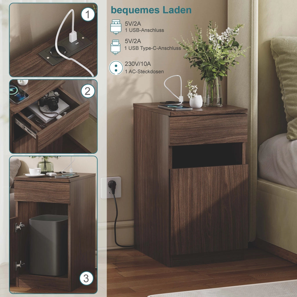 Comodino con Carica USB-A/USB-C e Presa Elettrica ¨C MINIMAL ¨C Noce, 33x40x61,5cm