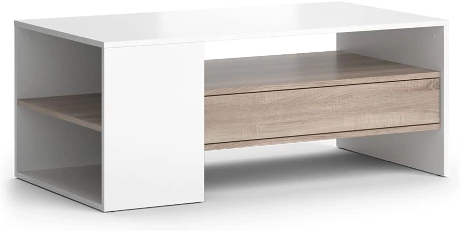 Tavolino Fabien, Bianco, 110 x 60 cm, con ripiani aperti per organizzare gli accessori per la casa