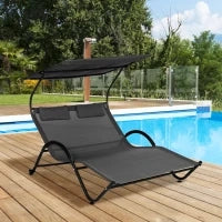 Lettino Prendisole Reclinabile a 2 Posti con Ruote, Poggiatesta Imbottito e Tetto, 200x137x138 cm, Grigio