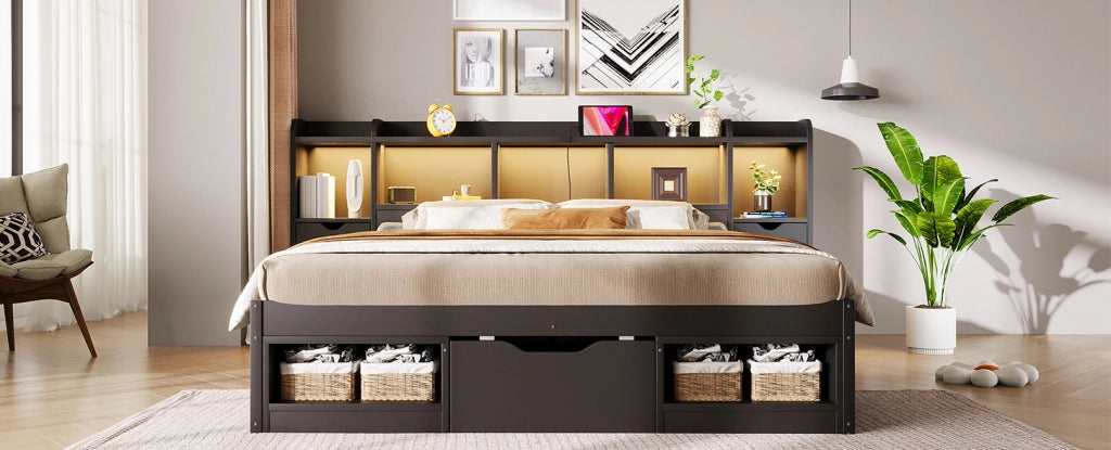 Letto a piattaforma nero 140x200 cm con testiera e pediera contenitore, 3 cassetti, LED e porta USB