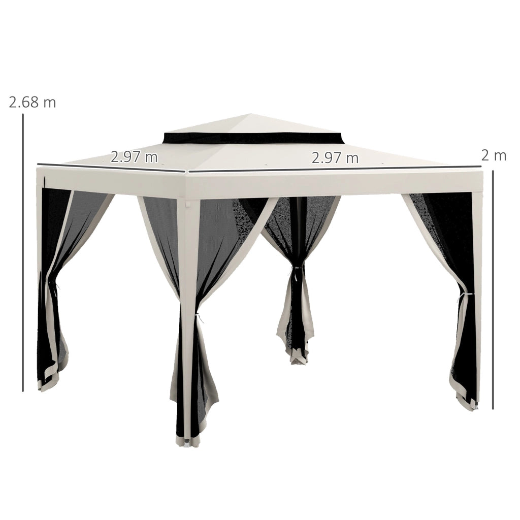 Gazebo da Giardino 300x300 cm con Zanzariera Doppio Tetto e 8 Fori in Acciaio e Poliestere Bianco Crema
