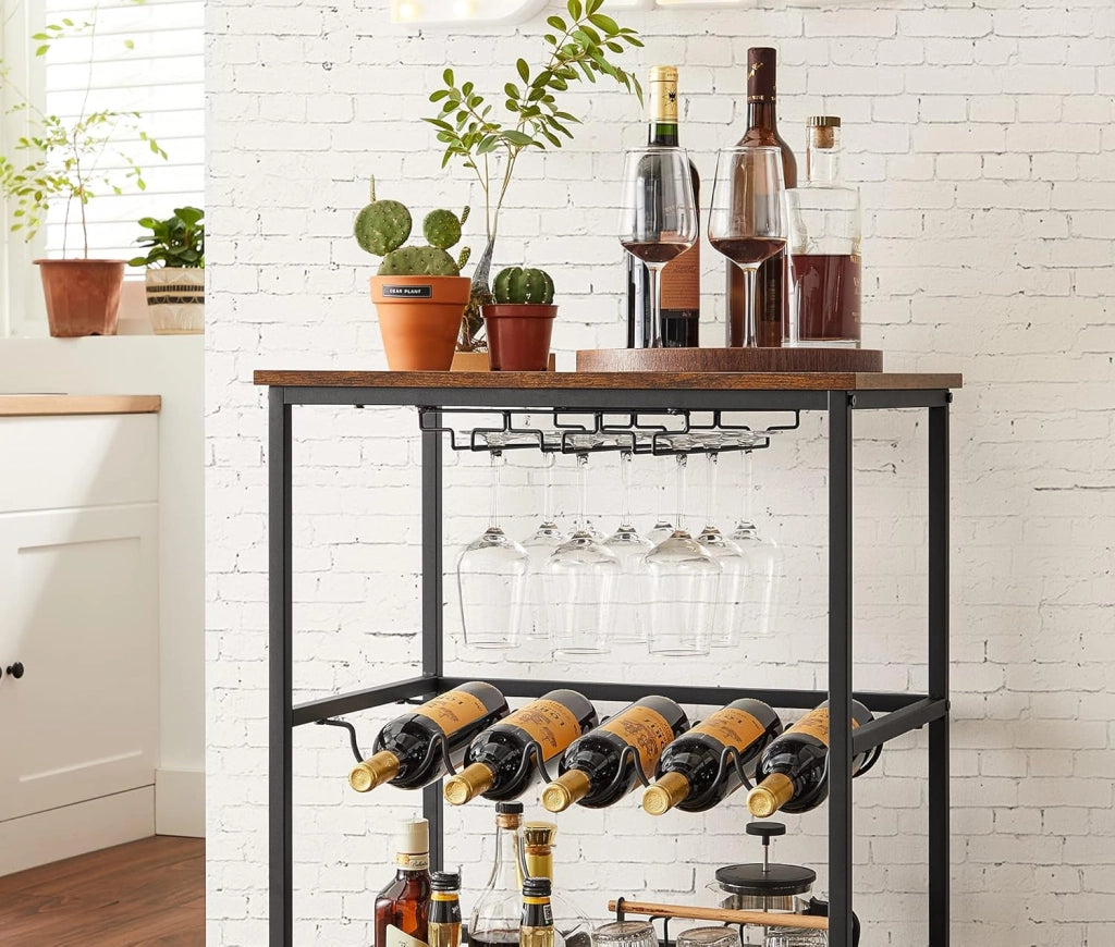 VASAGLE Carrello da Cucina, Carrello Portavivande, Scaffale da Cucina con Ruote, Porta Bicchieri e Bottiglie, 40 x 60 x 82 cm, Stile Industriale, Marrone Vintage e Nero LRC087B01