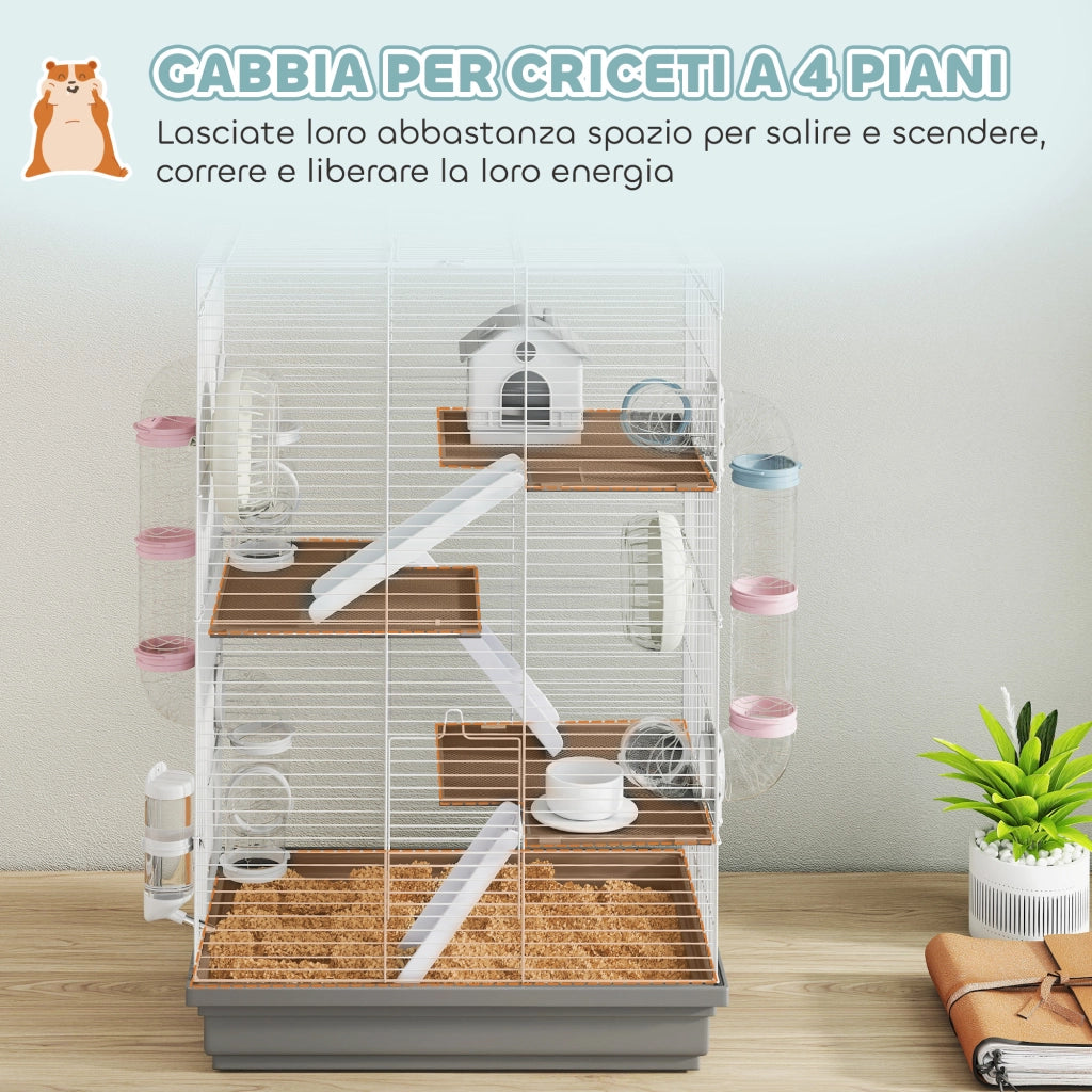 Gabbia per Criceti a 4 Livelli 47x30x70 cm e 16 Tubi con Casetta Rampa e Accessori in Metallo e Plastica Grigio