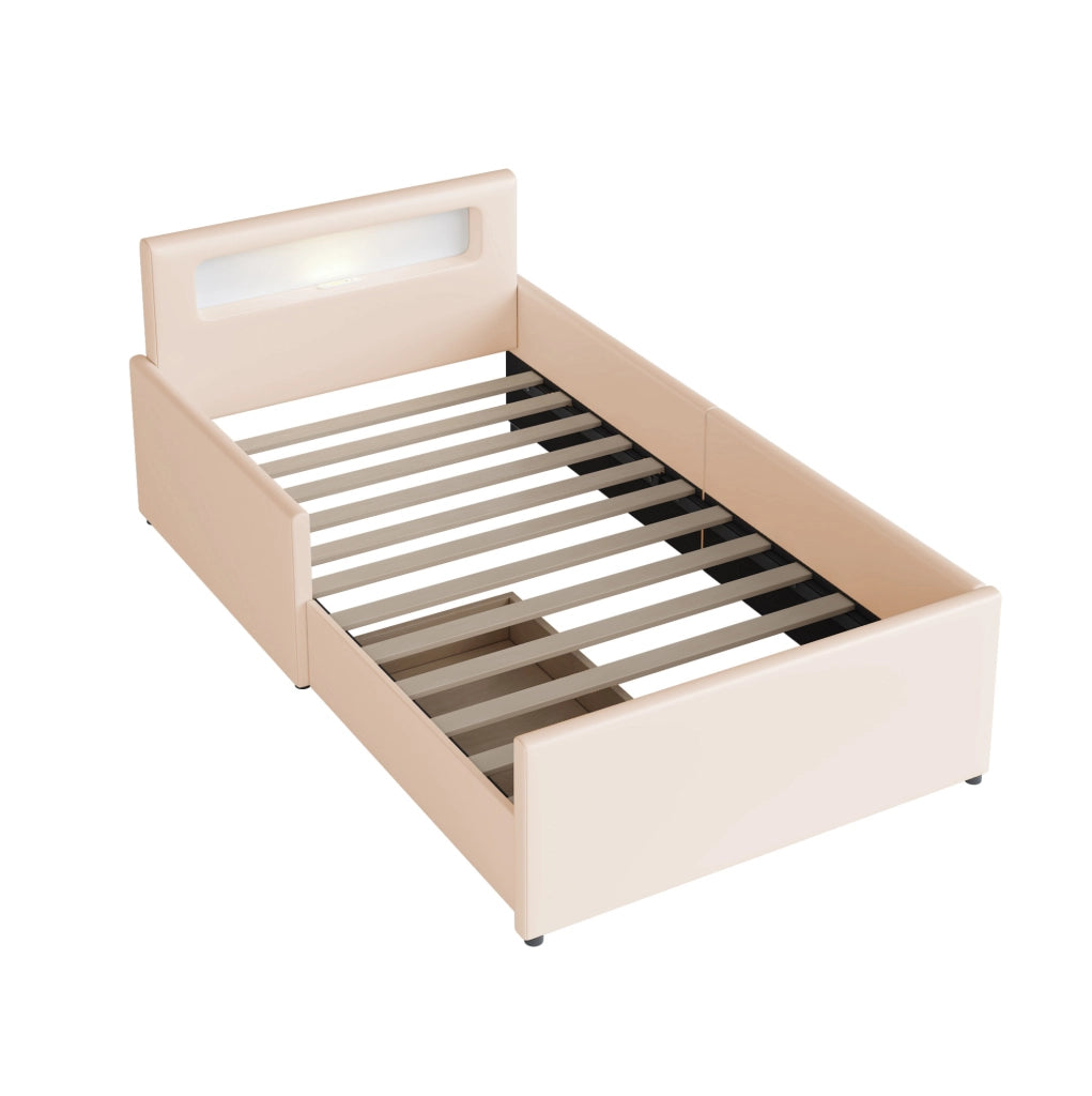 Letto imbottito per bambini 90x200 cm; con luce notturna e USB; ecopelle beige