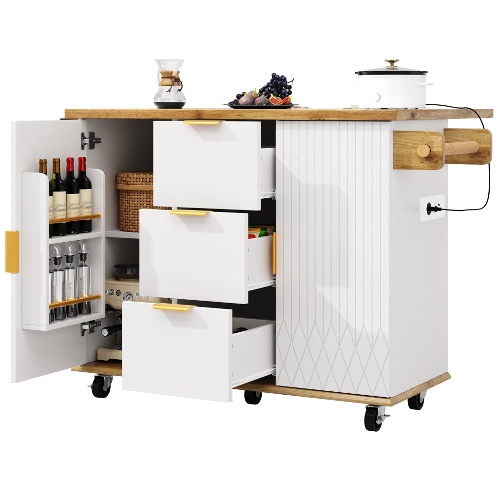 Carrello da Cucina con Piano Pieghevole e Presa Elettrica ¨C MINIMAL ¨C Bianco effetto legno, con Ruote, 70kg