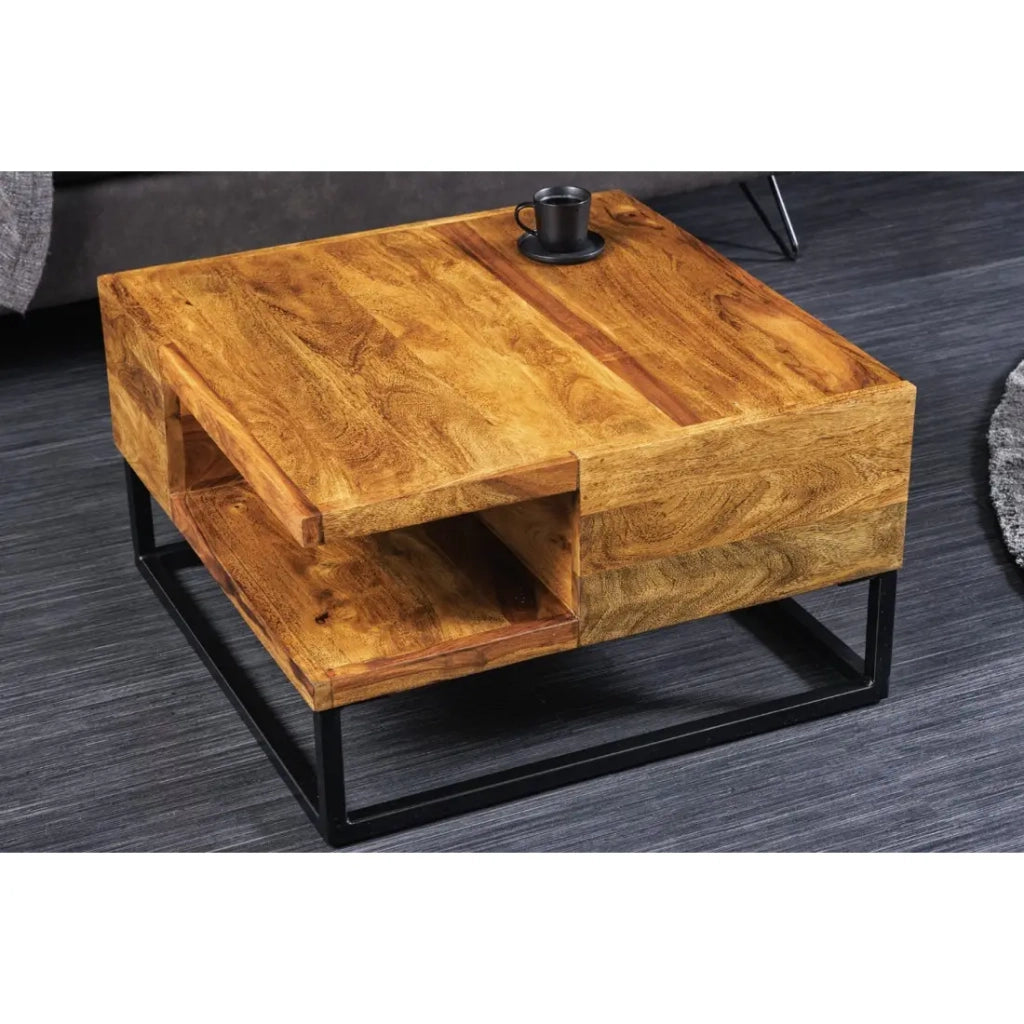 Tavolino basso GRADI 60 cm in legno massiccio di Sheesham e metallo – Tavolino basso quadrato industriale con nicchia