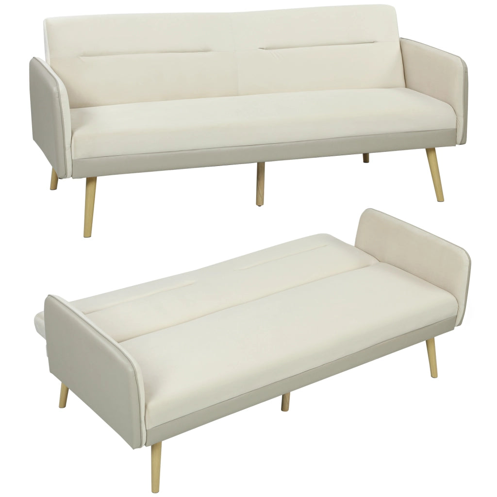 Divano Letto 3 Posti con Schienale Reclinabile e Rivestimento Effetto Velluto, 185x84x83 cm, Beige