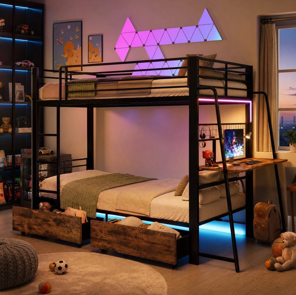 Letto a soppalco gaming 140x200 con scrivania e LED