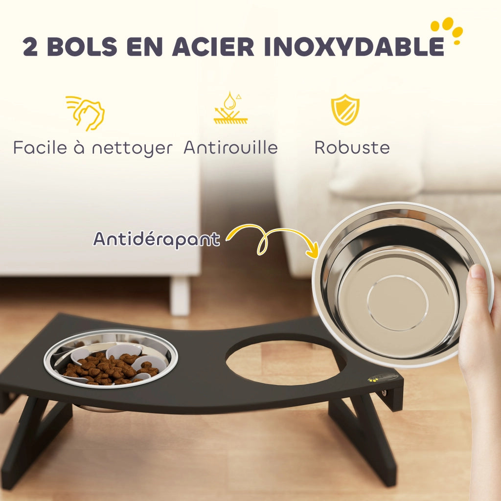 Ciotola Cane Sollevata con Supporto e 2 Ciotole Acciaio Inox ¨C zephmum ¨C Nero 52.5x30x16.5cm