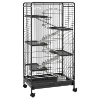 Gabbia per Piccoli Animali con Ruote, 5 Rampe e 5 Piattaforme, Ciotola e Bottiglia, 61.5x44x131 cm, Nero