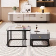 Set di 2 Tavolini da Salotto Impilabili con Piano in Marmo Lucido e Vetro, Struttura in Metallo e Cassetti, 60x60x42 cm + 50x50x34 cm, Nero