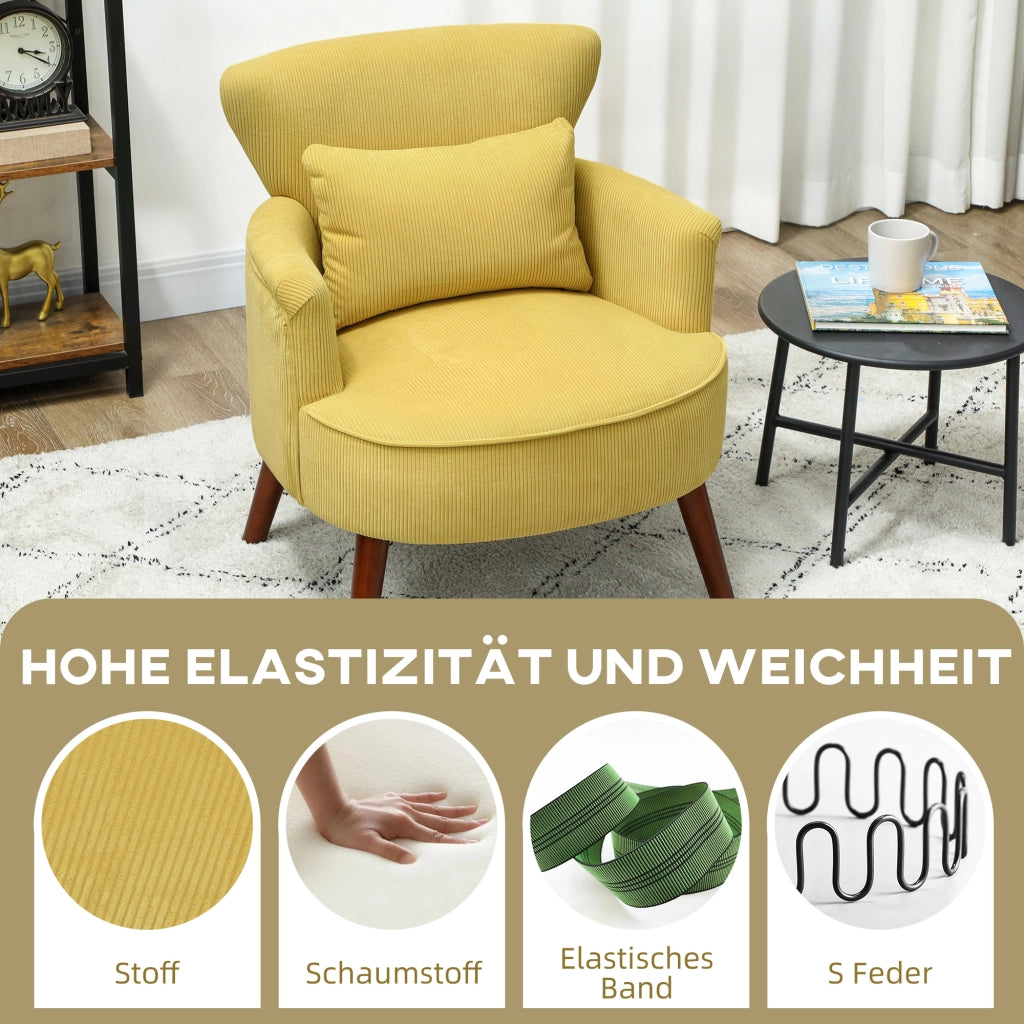 Poltrona moderna con braccioli e cuscino lombare ¨C zephmum ¨C gialla, gambe in legno di gomma