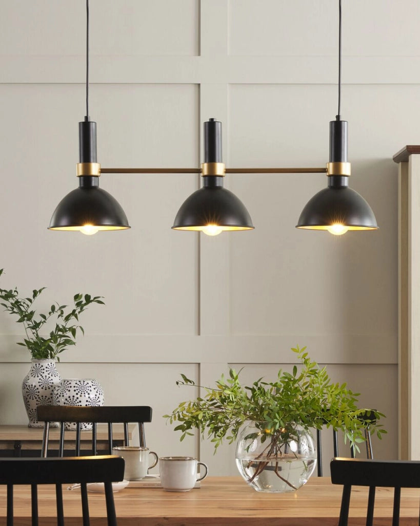 Lampada a sospensione in metallo Nero dorato da 107 cm a 3 luci con paralumi rotondi dal design tradizionale retrò Sala da pranzo Soggiorno