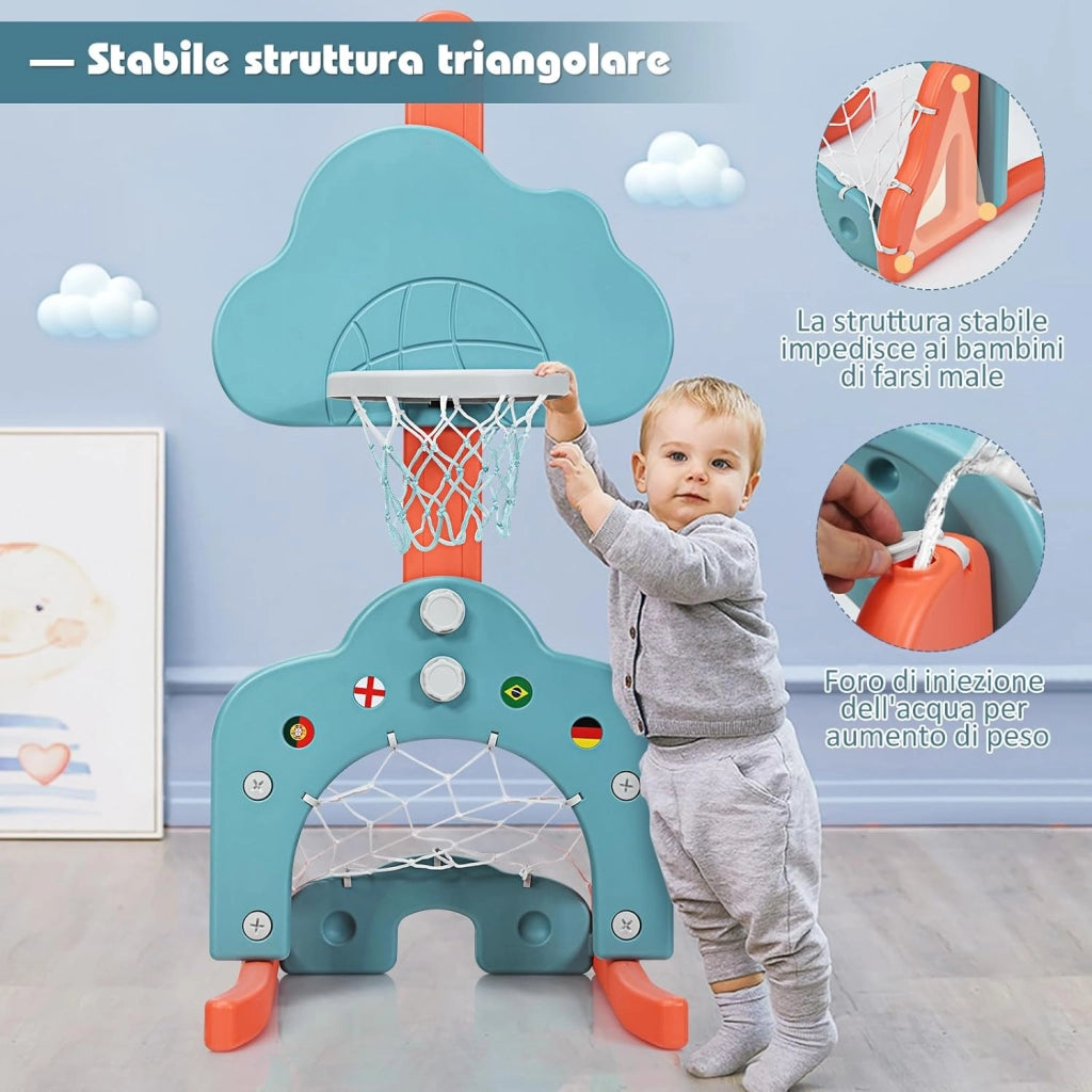 Basket per Bambini Centro Attività Multifunzione - Palla Canestro, Calcio e Golf, Mazza da Golf e Palle incluese, per Bambini, Altezza Regolabile (Nuvola Verde)