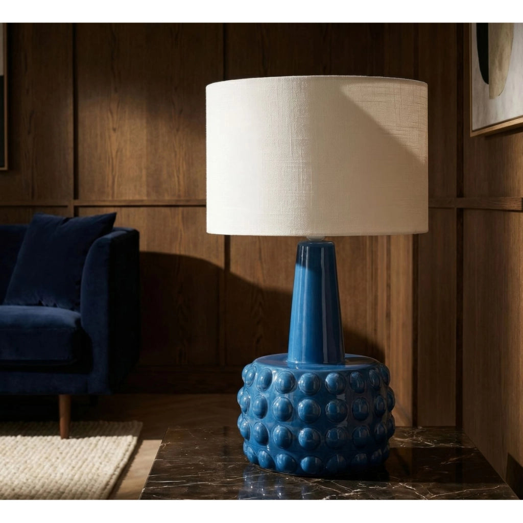 Lampada da tavolo Gress in ceramica blu e tessuto