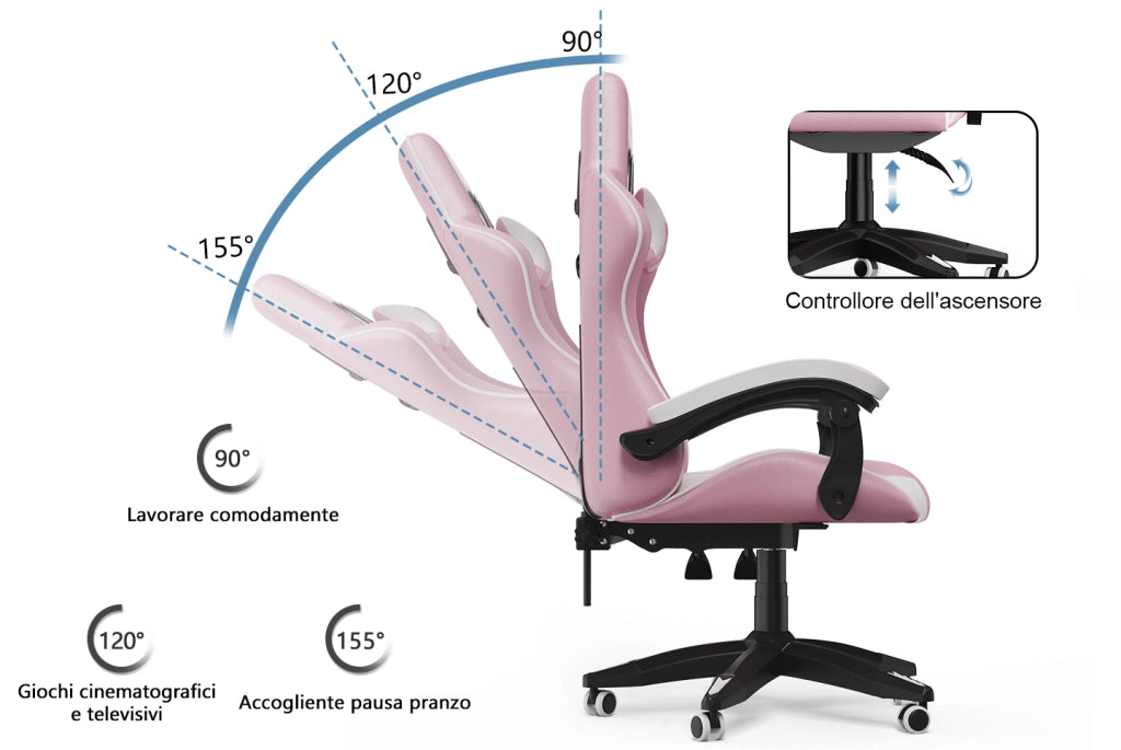 Sedia gaming ergonomica - RATTANTREE - con Supporto Lombare Sedia da Gioco in Pelle Pu con Altezza Regolabile - Rosa