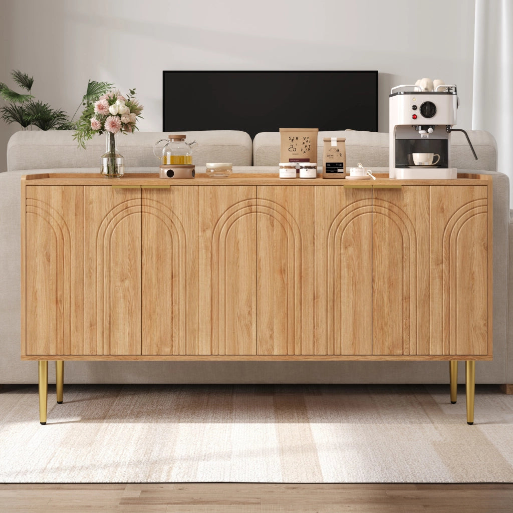 Credenza con 4 Ante e Ripiani Regolabili; Gambe in Metallo Dorato; Stile Moderno; in MDF; Naturale; 140??38??75 cm