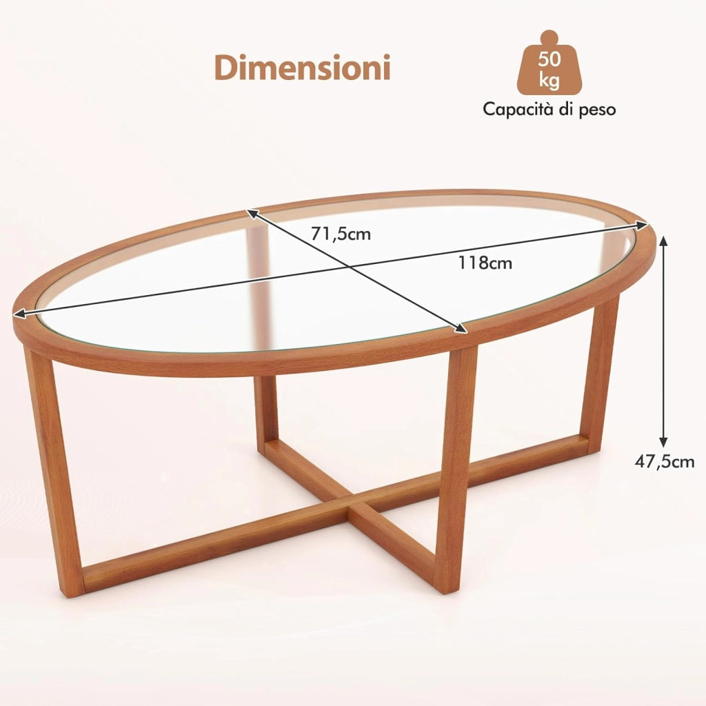 Tavolino da Caffè per Salotto, Tavolino Basso Ovale in Vetro Temperato e Legno di Acacia, Tavolino da Divano Moderno per Soggiorno, 118 x 71,5 x 47,5 cm, Naturale