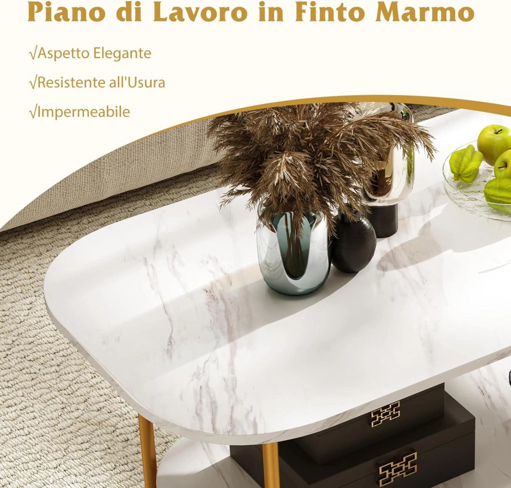 Tavolino da Caffè per Salotto a 2 Livelli, Tavolino Basso Rettangolo con Piano Effetto Marmo, Tavolino da Divano Moderno per Soggiorno,100 x 50 x 45 cm, Bianco e Oro