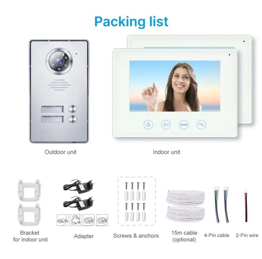 Kit Videocitofono Bifamiliare 2 Monitor 7 Pollici WiFi 2 Bussate Gestibile da app Tuya SmartLife
