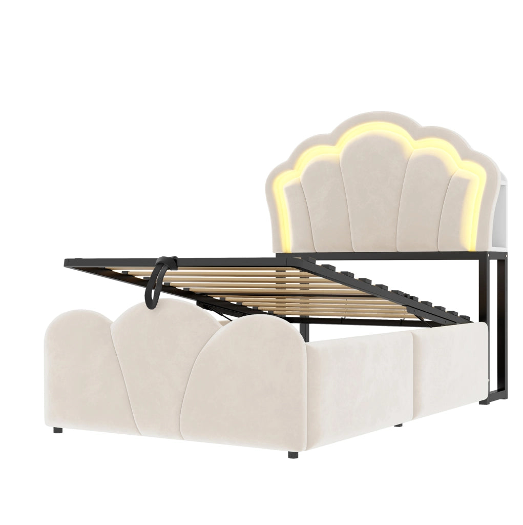Letto imbottito beige 90x200 cm con contenitore idraulico, illuminazione LED e prese integrate