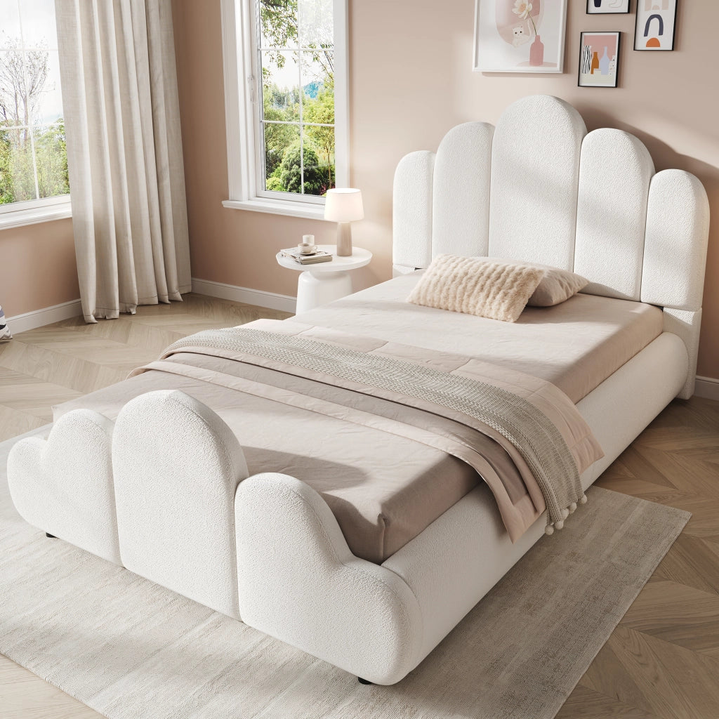 Letto singolo 90x200 cm in bouclé beige, con testiera imbottita, angoli arrotondati e rete inclusa
