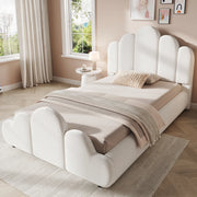 Letto singolo 90x200 cm in bouclé beige, con testiera imbottita, angoli arrotondati e rete inclusa