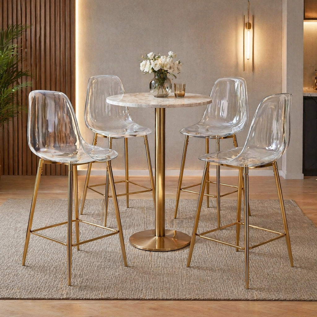 Sgabello da bar trasparente con struttura in metallo e poggiapiedi, design moderno in plastica oro 68.5 × 48.0 × 47.0 cm