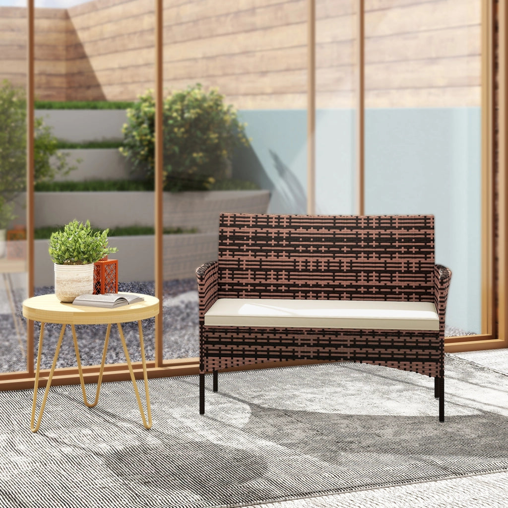 Divano da Giardino 2 Posti 115x63x85 cm con Cuscini e Tappetini Antiscivolo in Rattan e Acciaio Beige