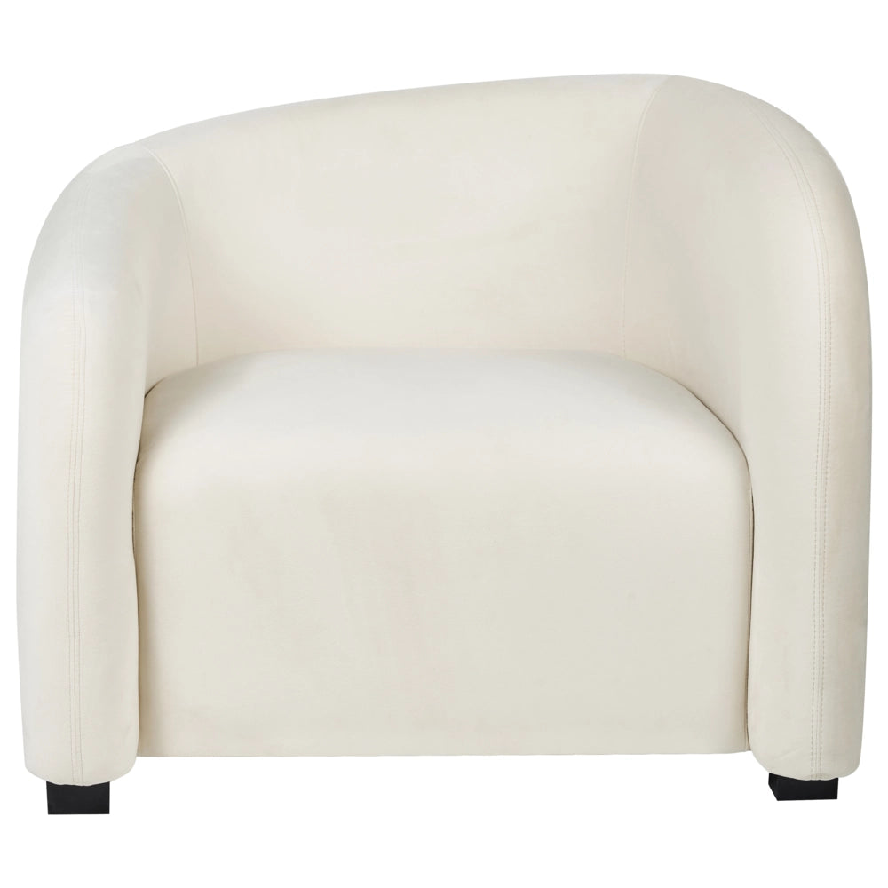 Set da salotto in velluto bianco sporco con divano e poltrone imbottiti davanti e dietro, schienale curvo, design moderno