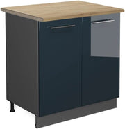 Mobile lavello cucina Fame-Line, Blu scuro lucido, 80 cm con ripiano, PL Rovere, per la combinazione con altri moduli della serie Fame-Line