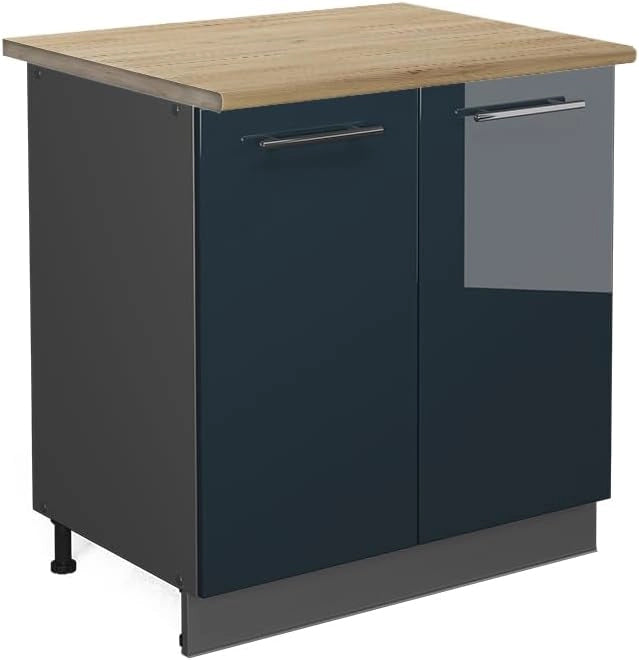 Mobile lavello cucina Fame-Line, Blu scuro lucido, 80 cm con ripiano, PL Rovere, per la combinazione con altri moduli della serie Fame-Line
