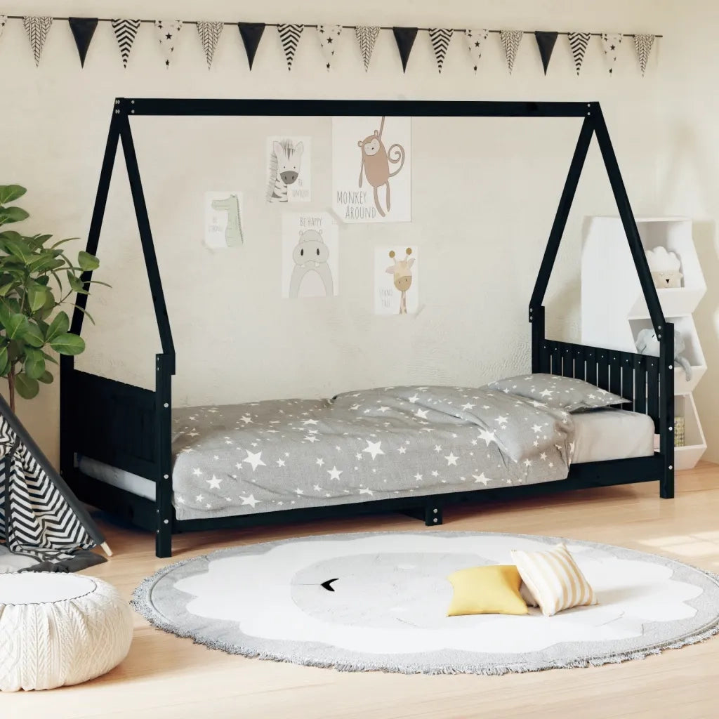 Giroletto per Bambini | Letto Infantile | Lettino Nero 80x200 cm in Legno Massello di Pino