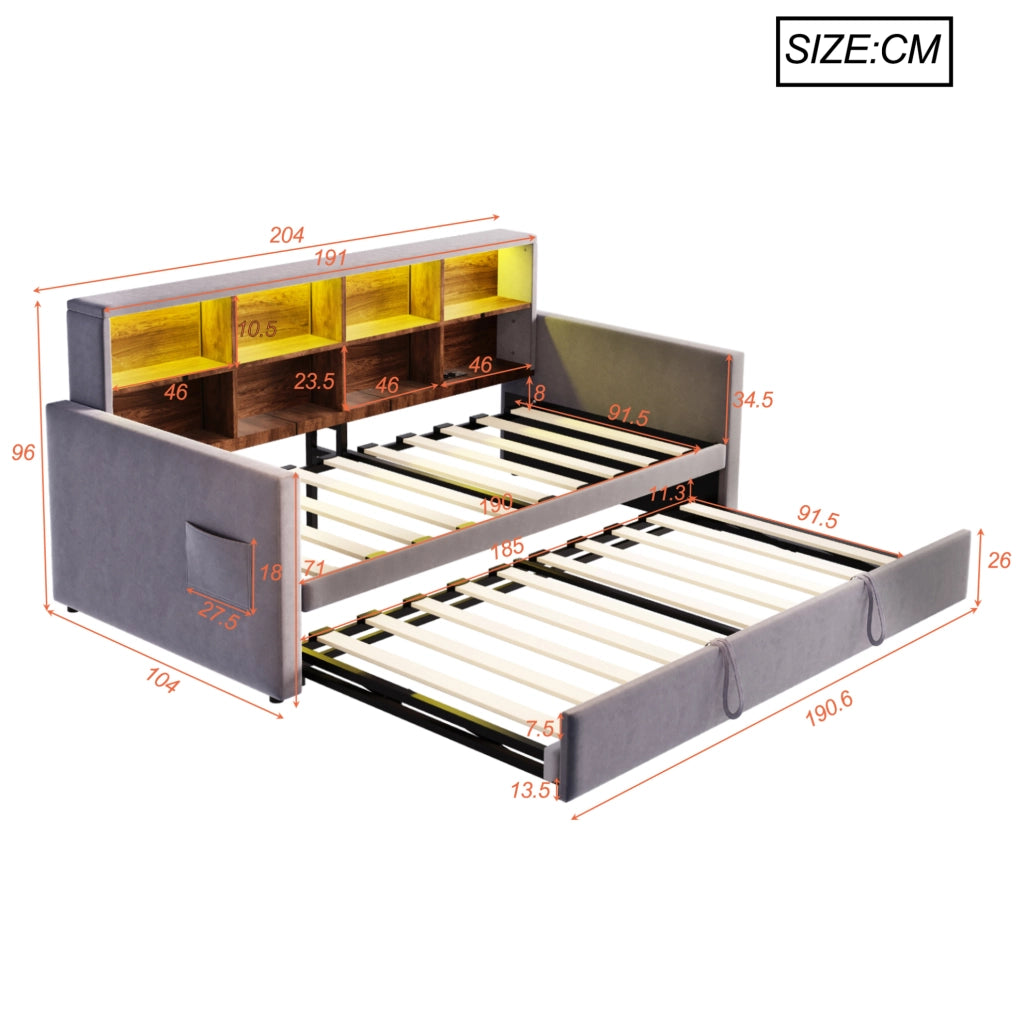 Divano letto imbottito 90x190 cm con letto estraibile; LED; prese USB/Type-C; velluto grigio